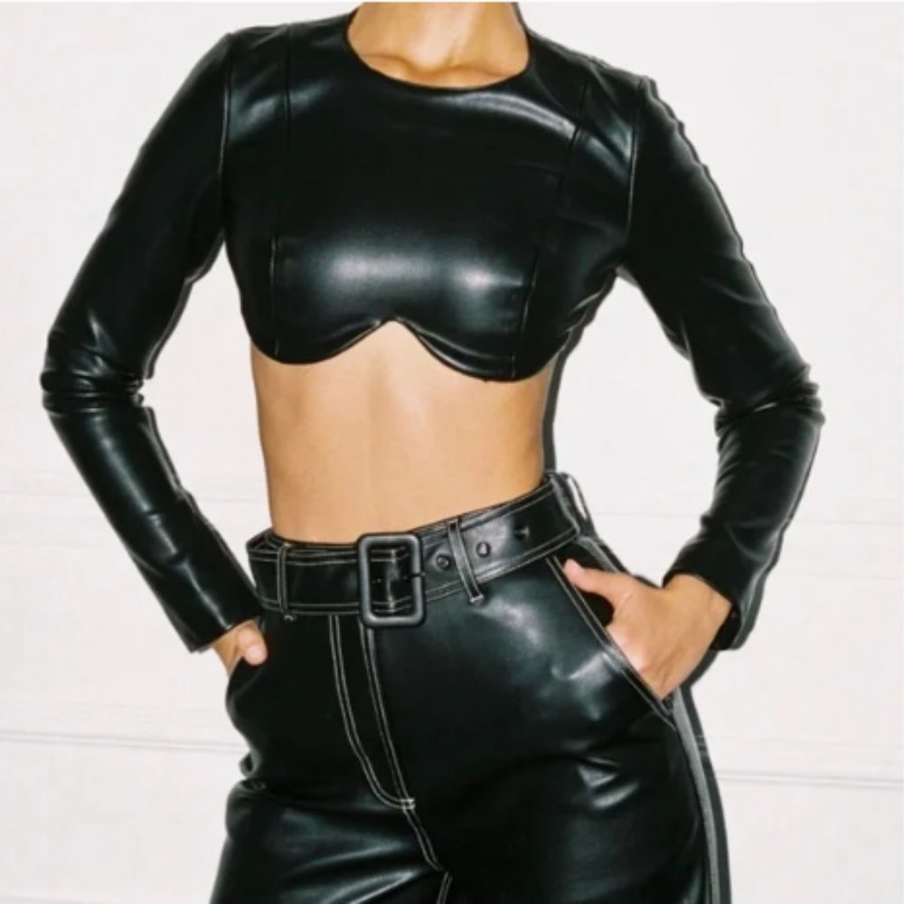 House of CB Esme Long Sleeve Faux Leather Top in Black sz S - SOLD OUT ONLINE